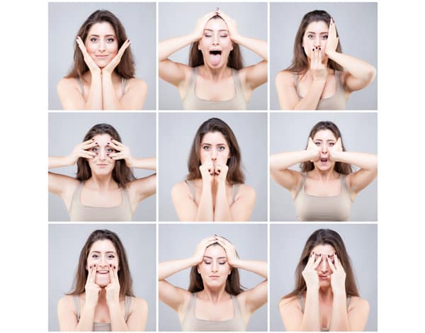 nine images of a woman showing how to perform facial exercises