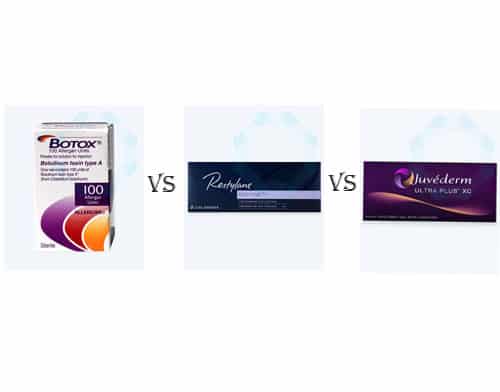 package of Botox vs. package of restylane vs. package of Juvederm