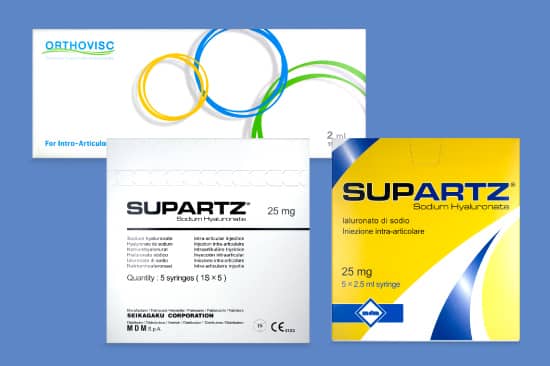 the boxes with Orthovisc and Supartz viscosupplements