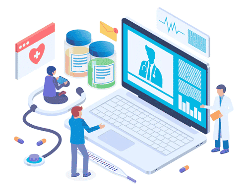 Schematic image of pharmacists in front of a laptop