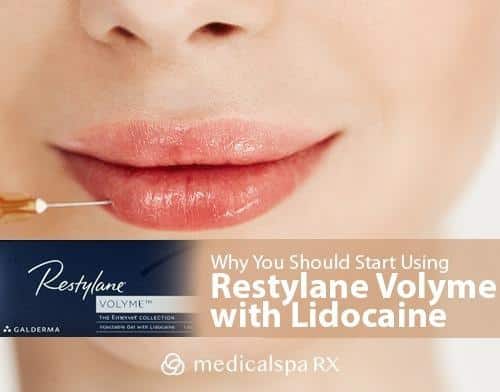 the needle touches the lower lip and the image of Restylane Volume with Lidocaine