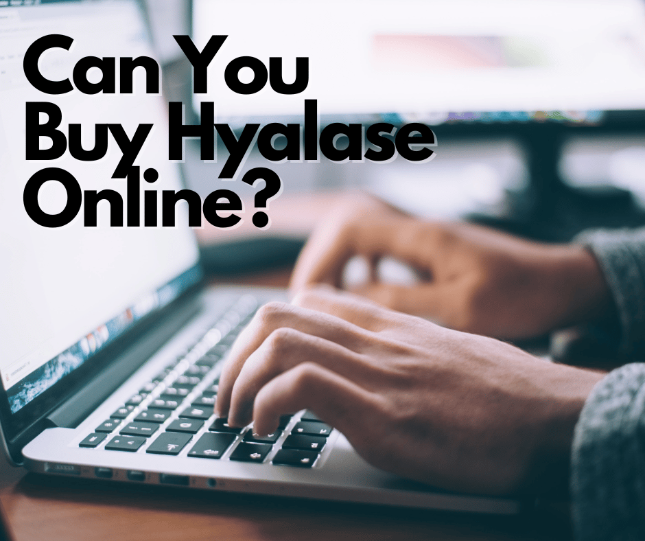 a man is typing a question about buying Hyalase online with his hands on a laptop keyboard