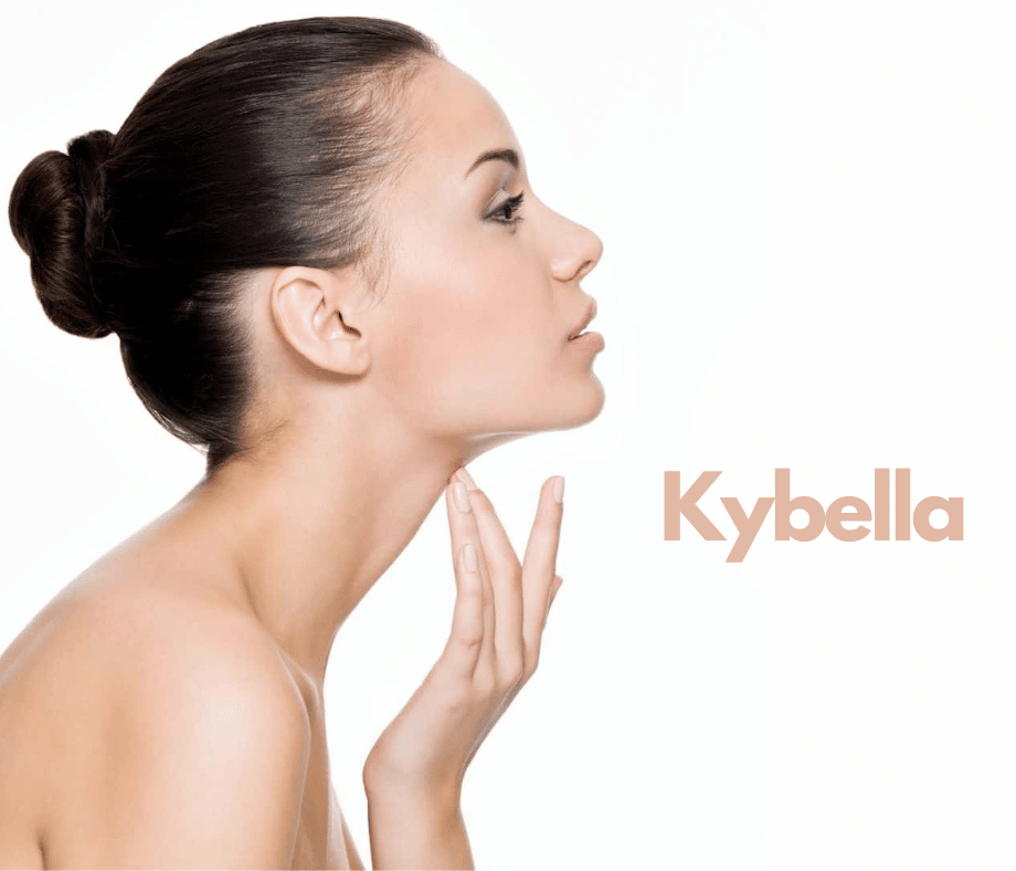 a woman touches her neck with her hand and the logo of Kybella injections