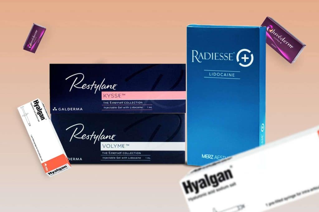 group of dermal filler products against an orange backdrop