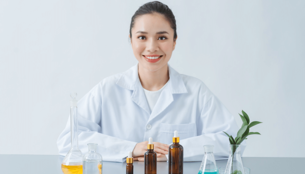 A woman using Sesderma skincare surrounded inside a laboratory