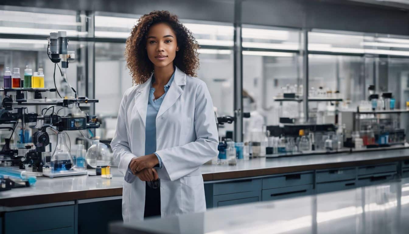 A woman with radiant skin standing in a laboratory with scientific equipment.