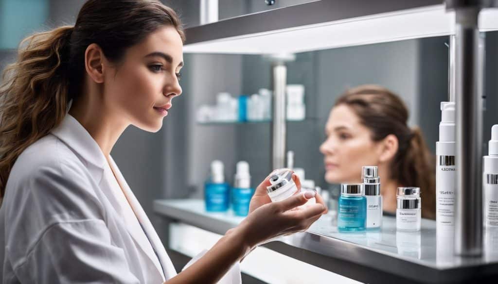 A woman applying Calecim Stem Cell Therapy serum in skincare lab.