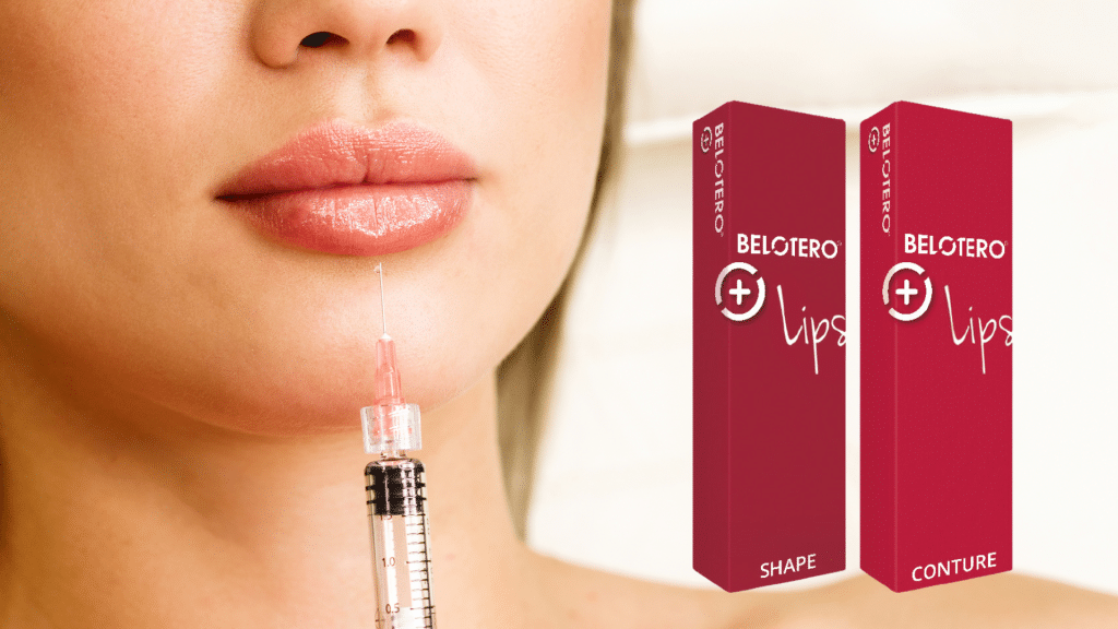 Client receiving Belotero lip injections with the product packaging on the side.