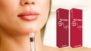 Client receiving Belotero lip injections with the product packaging on the side.