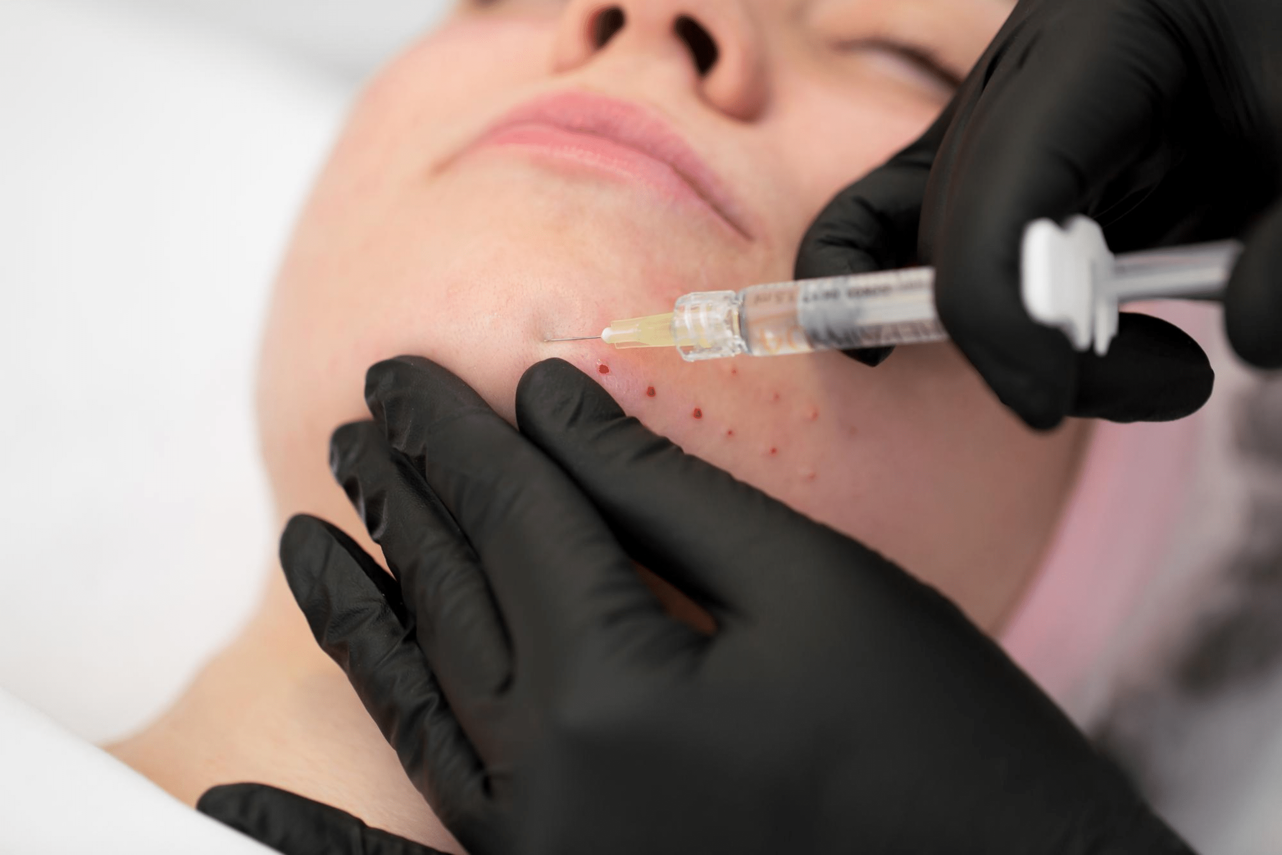 Closeup of cosmetologist makes the Ellanse Rejuvenating facial injections procedure
