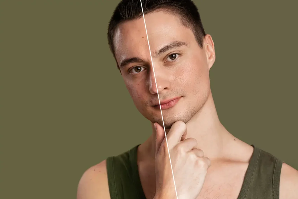 Before-and-after image of a man's face, showing skin transformation using an injectable treatment such as BioRePeel.