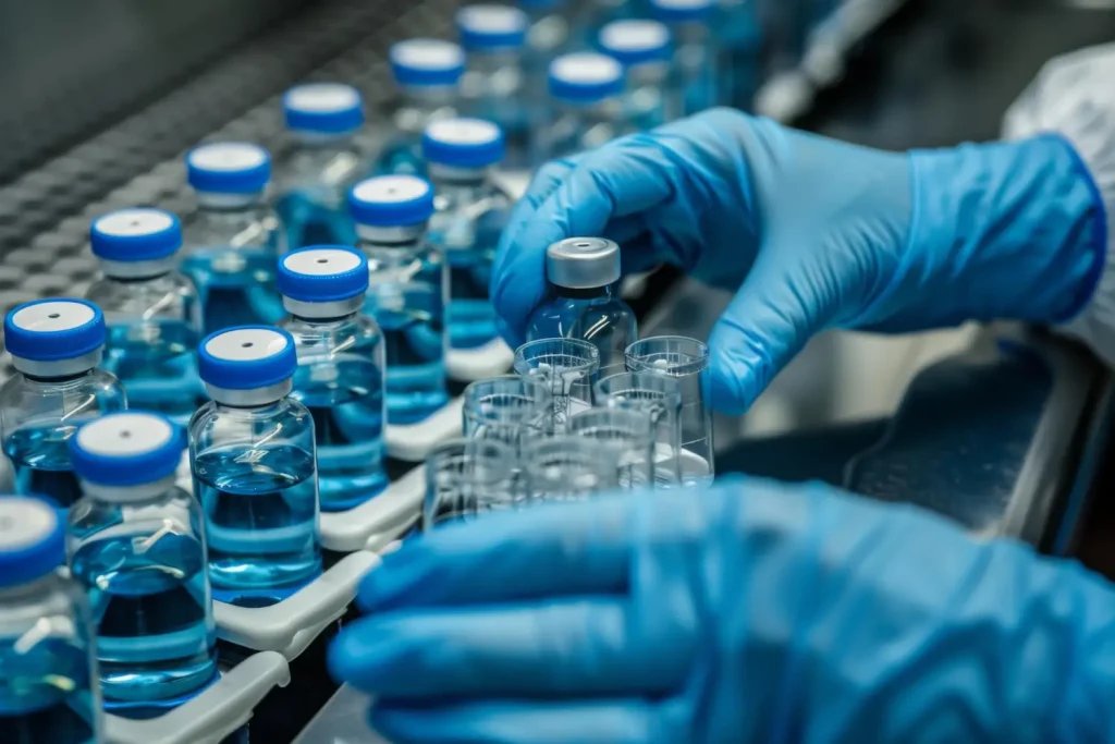 Gloved hands on the production line ensure pharmaceutical quality for vital vaccines and medications.