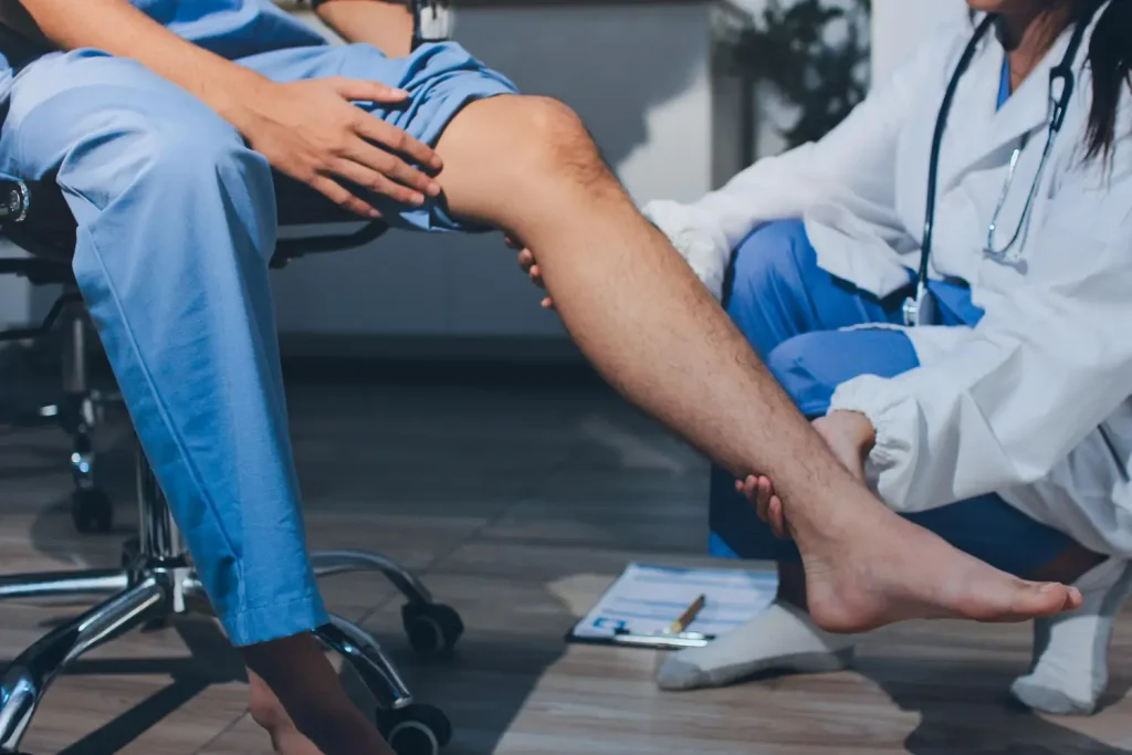 Medical professionals assess and treat patients' knee and joint issues.
