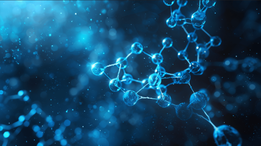 A close-up view of blue molecular KPV peptide structures.
